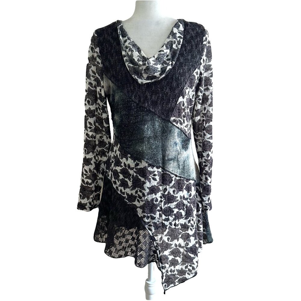 Paris Hues Vtg Artsty Tunic Sheer Patches Gothic Long-sleeve Black Top